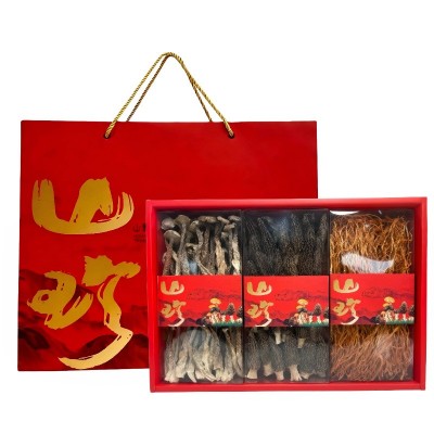 山野珍品喜庆红色三品礼盒羊肚菌鹿茸菇粉木耳虫草花礼盒节日送礼图3